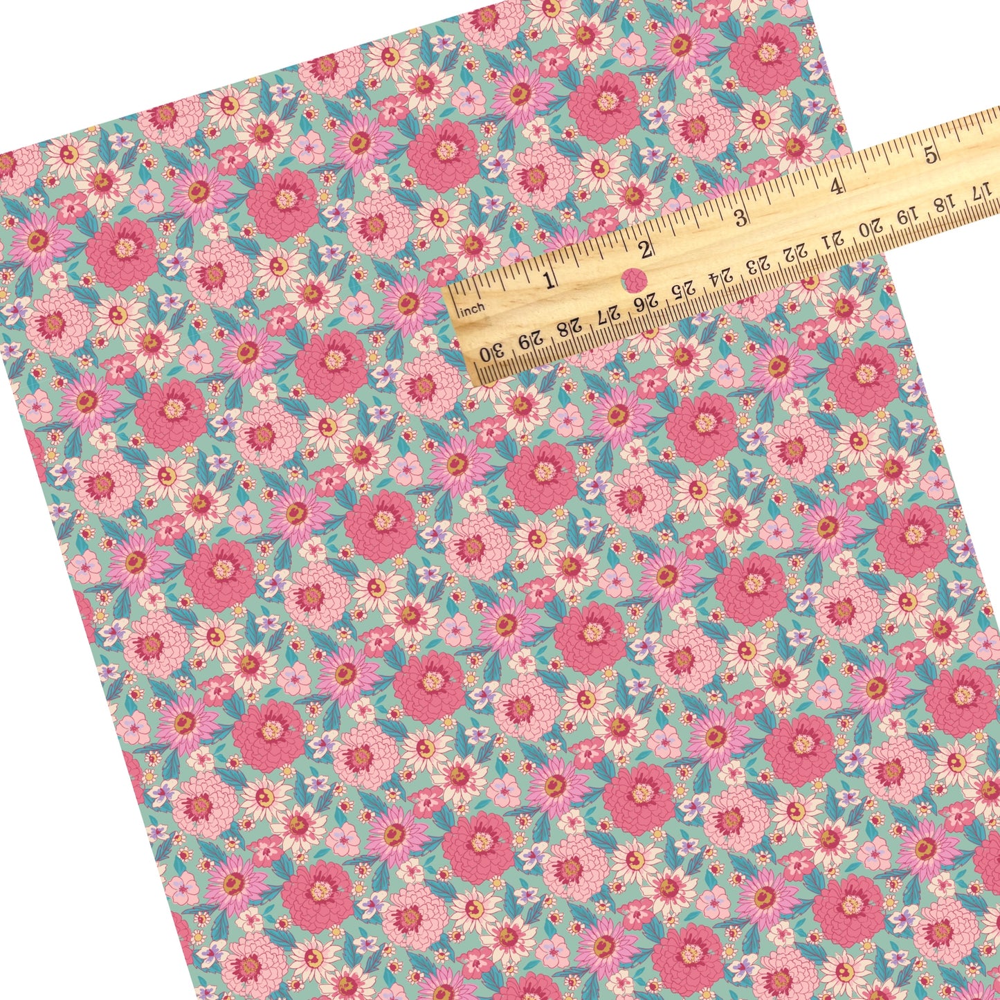These summer faux leather sheets contain the following design elements: pink flowers on teal. Our CPSIA compliant faux leather sheets or rolls can be used for all types of crafting projects.
