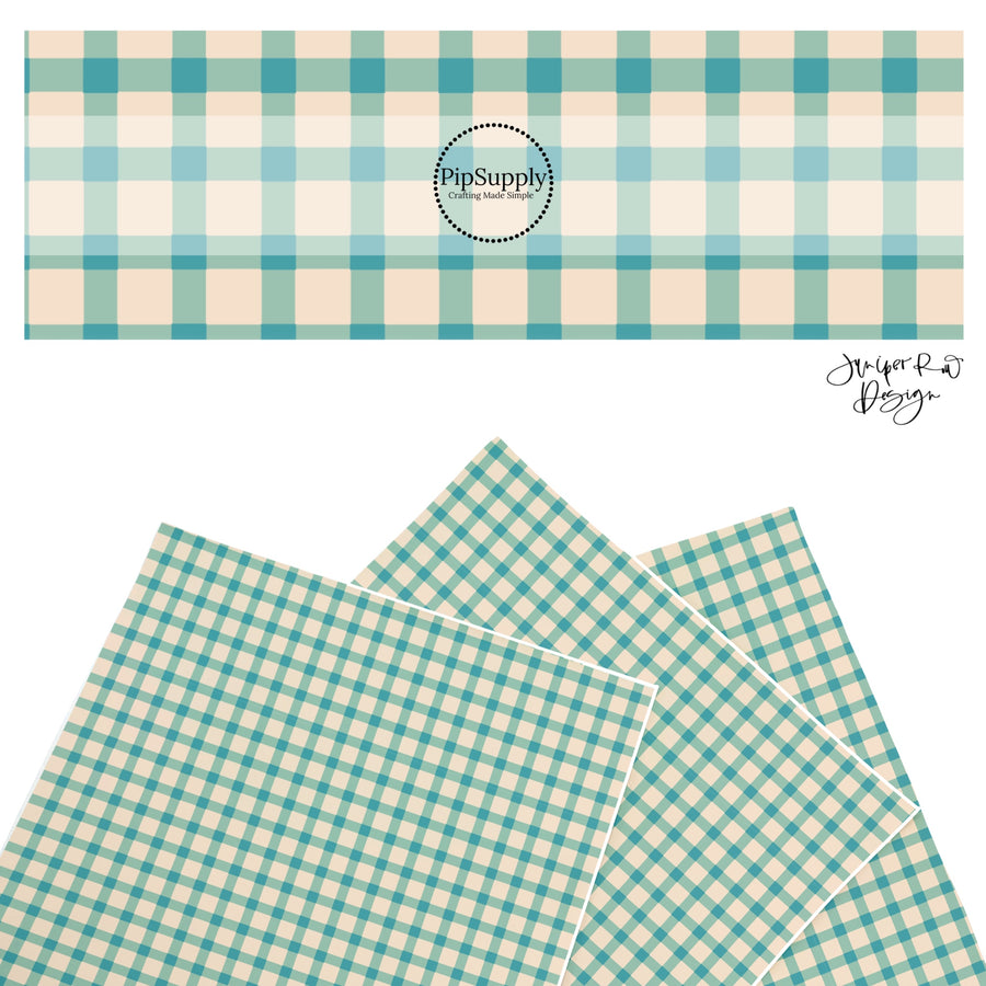 These summer faux leather sheets contain the following design elements: summer haze teal and cream plaid pattern. Our CPSIA compliant faux leather sheets or rolls can be used for all types of crafting projects.