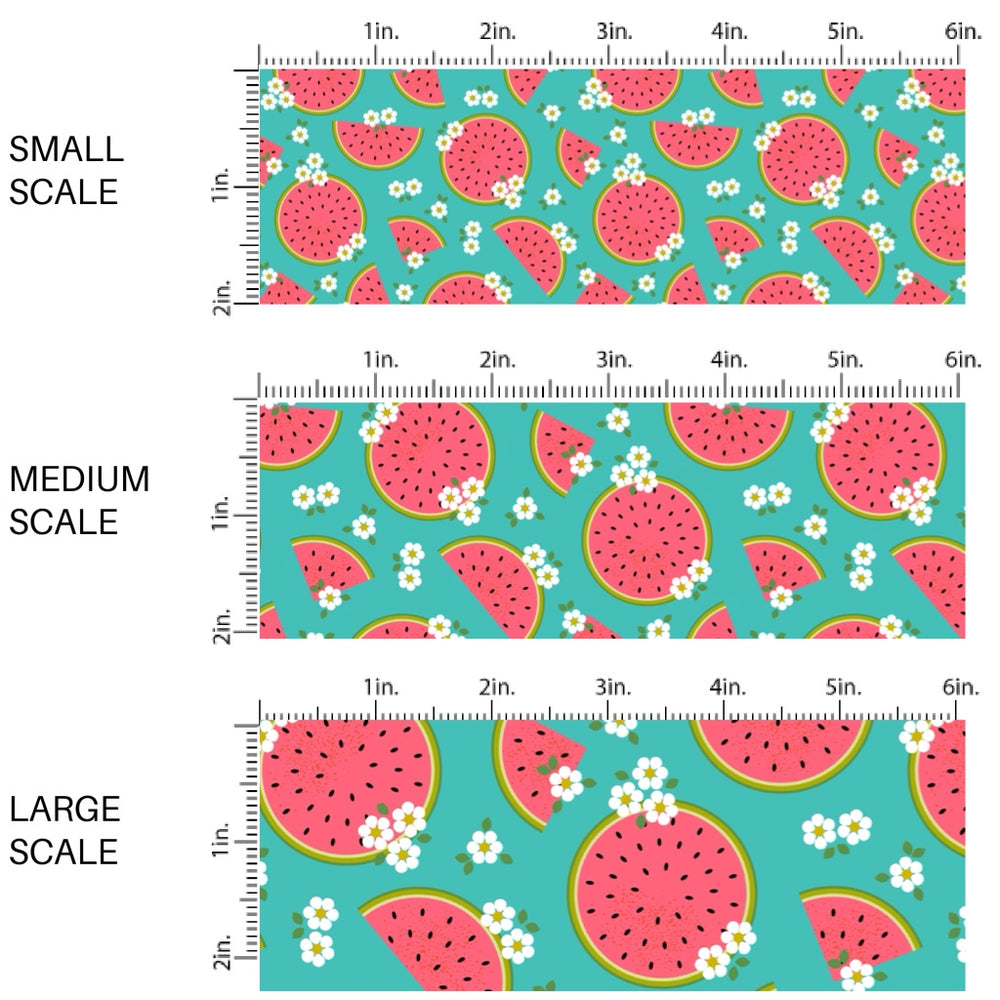 These fruit fabric by the yard features watermelon slices surrounded by tiny flowers on teal. This fun pattern fabric can be used for all your sewing and crafting needs!