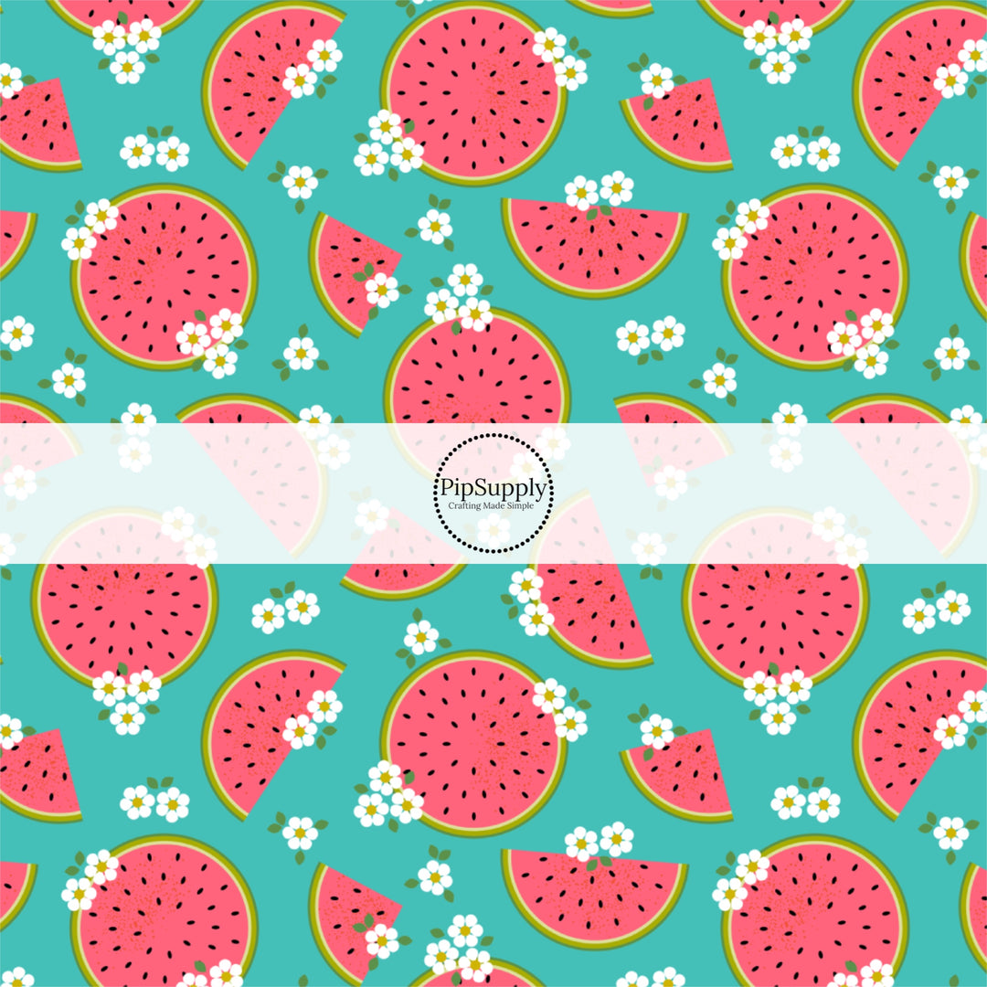 These fruit fabric by the yard features watermelon slices surrounded by tiny flowers on teal. This fun pattern fabric can be used for all your sewing and crafting needs!