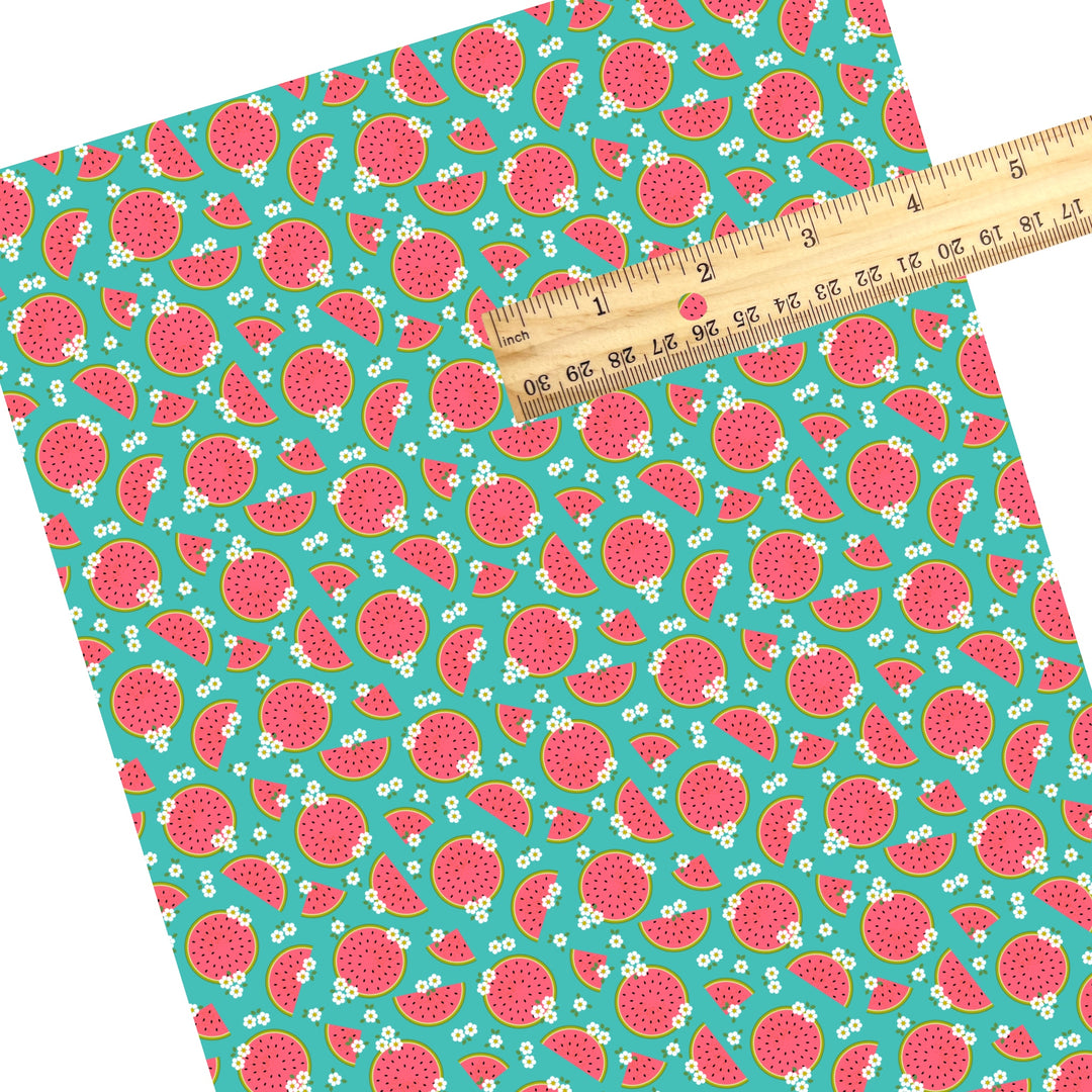 These fruit themed faux leather sheets contain the following design elements: watermelon slices surrounded by tiny flowers on teal. Our CPSIA compliant faux leather sheets or rolls can be used for all types of crafting projects.