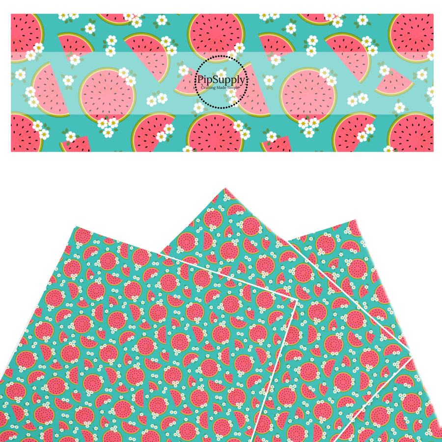 These fruit themed faux leather sheets contain the following design elements: watermelon slices surrounded by tiny flowers on teal. Our CPSIA compliant faux leather sheets or rolls can be used for all types of crafting projects.