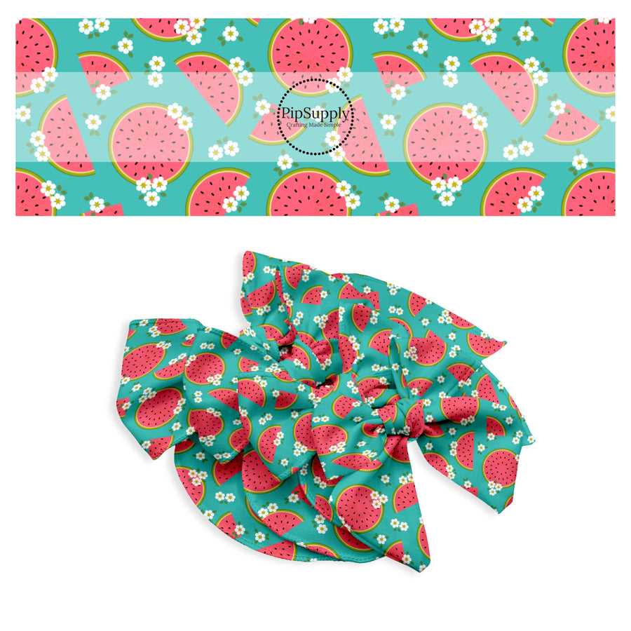 These fruit themed no sew bow strips can be easily tied and attached to a clip for a finished hair bow. These bow strips are great for personal use or to sell. These bow strips feature the following design elements: watermelon slices surrounded by tiny flowers on teal.