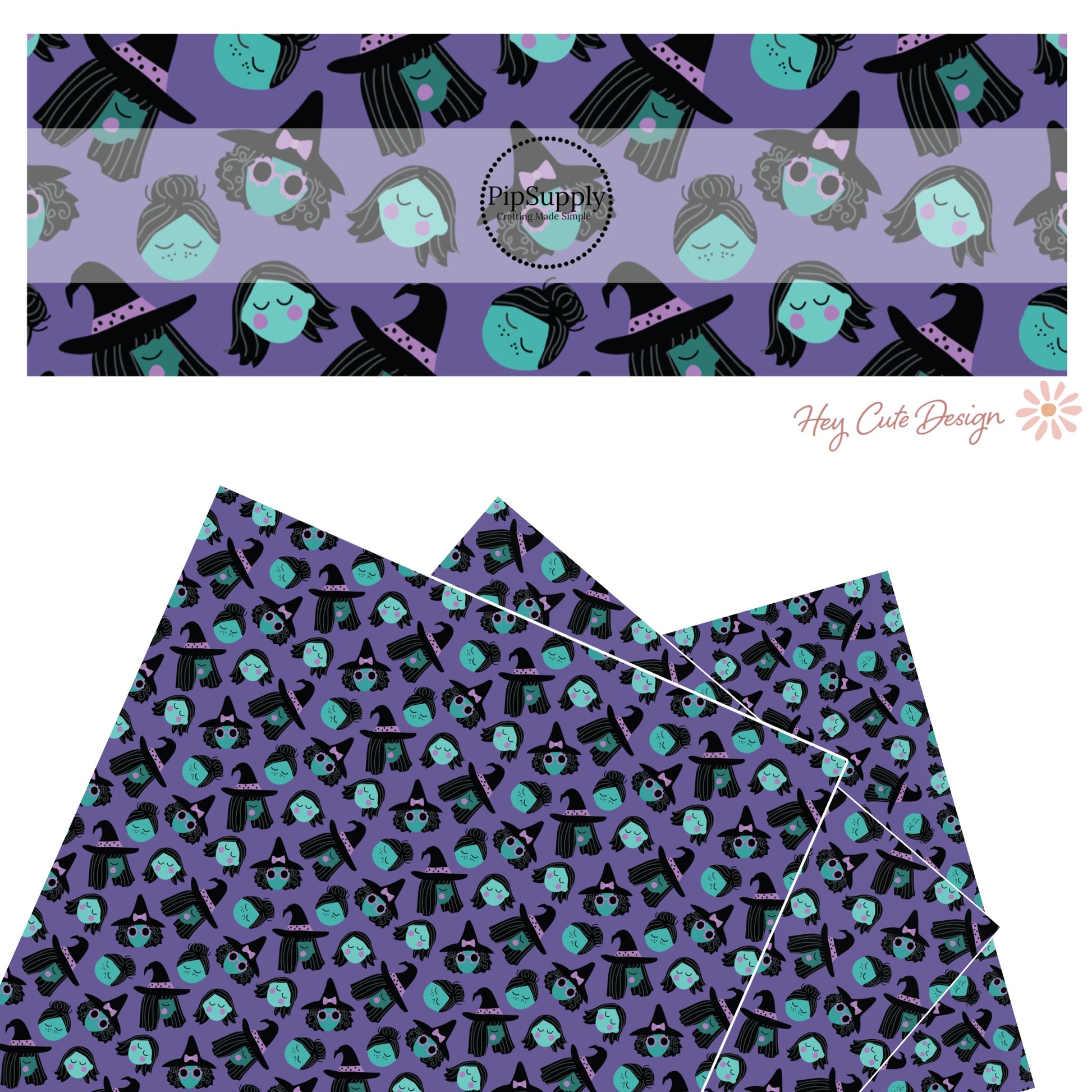 Witches with black hair and blue faces on purple faux leather sheets