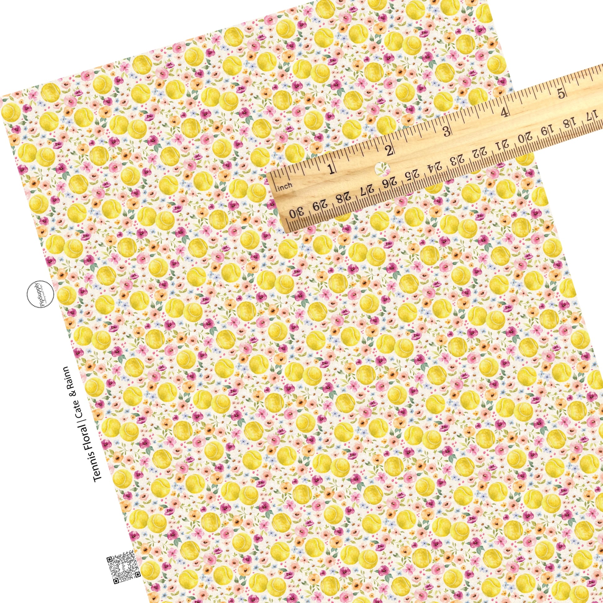 These spring floral sport pattern themed faux leather sheets contain the following design elements: tennis balls surrounded by flowers on cream. Our CPSIA compliant faux leather sheets or rolls can be used for all types of crafting projects.