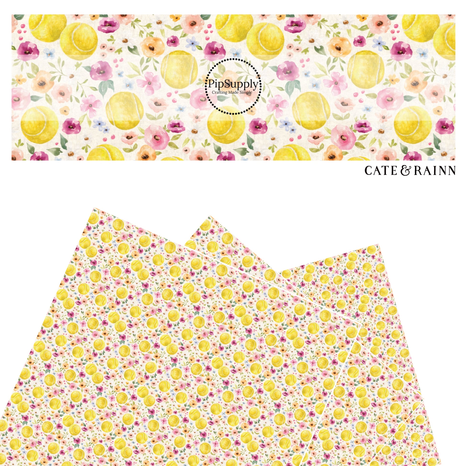 These spring floral sport pattern themed faux leather sheets contain the following design elements: tennis balls surrounded by flowers on cream. Our CPSIA compliant faux leather sheets or rolls can be used for all types of crafting projects.