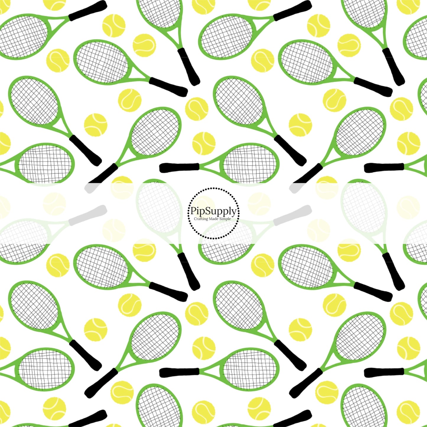 Scattered yellow tennis ball with rackets on white bow strips