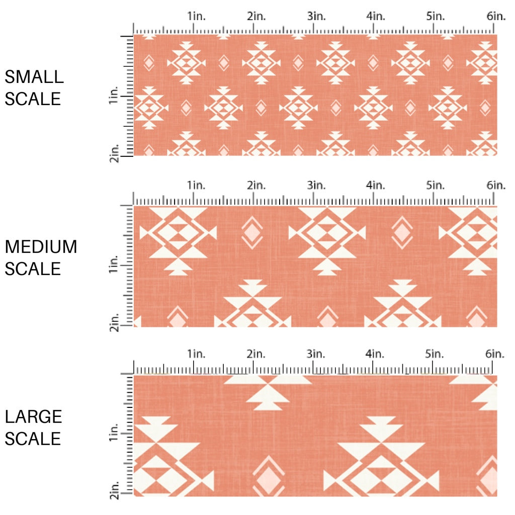 This scale chart of small scale, medium scale, and large scale of this summer fabric by the yard features western aztec pattern on terracotta. This fun summer themed fabric can be used for all your sewing and crafting needs.