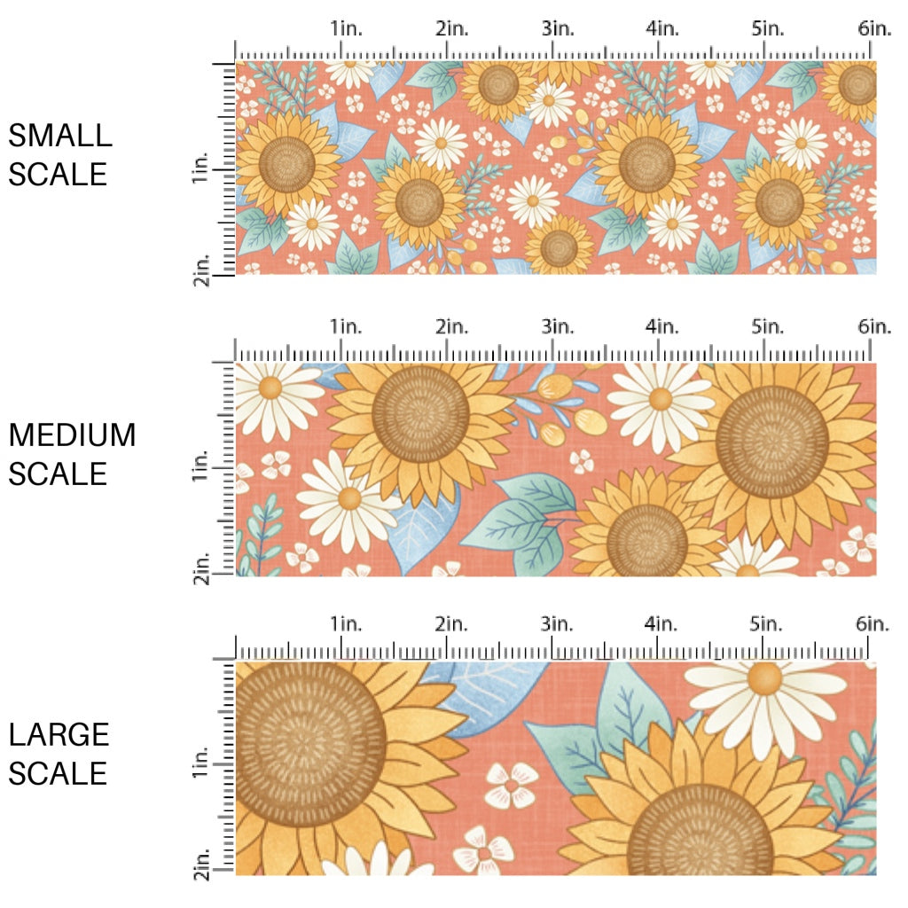 This scale chart of small scale, medium scale, and large scale of this summer fabric by the yard features sunflowers on terracotta. This fun summer themed fabric can be used for all your sewing and crafting needs!