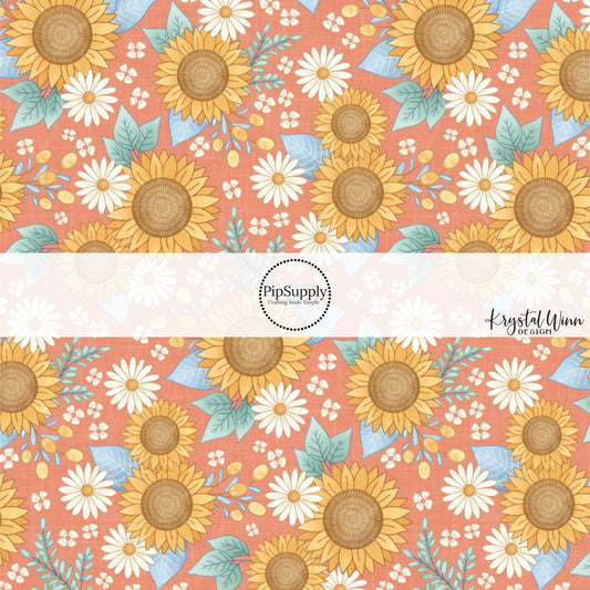 This summer fabric by the yard features sunflowers on terracotta. This fun summer themed fabric can be used for all your sewing and crafting needs!