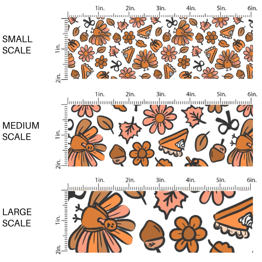 This scale chart of these fall themed pattern fabric by the yard features the following design elements: turkeys, pumpkin pie slices, leaves, and pumpkins on white. This fun themed fabric can be used for all your sewing and crafting needs!