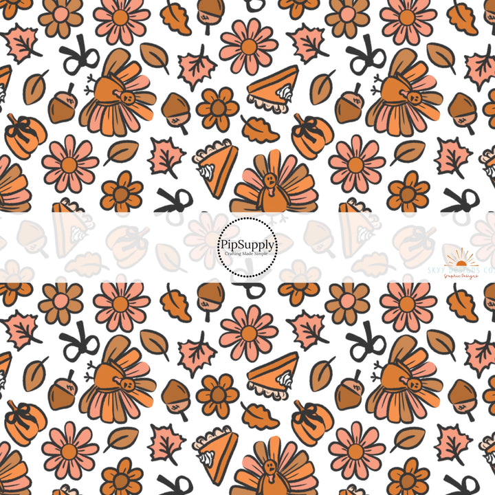 These fall themed pattern fabric by the yard features the following design elements: turkeys, pumpkin pie slices, leaves, and pumpkins on white. This fun themed fabric can be used for all your sewing and crafting needs!