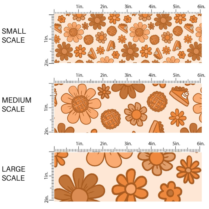 This scale chart of these fall themed pattern fabric by the yard features the following design elements: flowers and pumpkin pie. This fun themed fabric can be used for all your sewing and crafting needs!