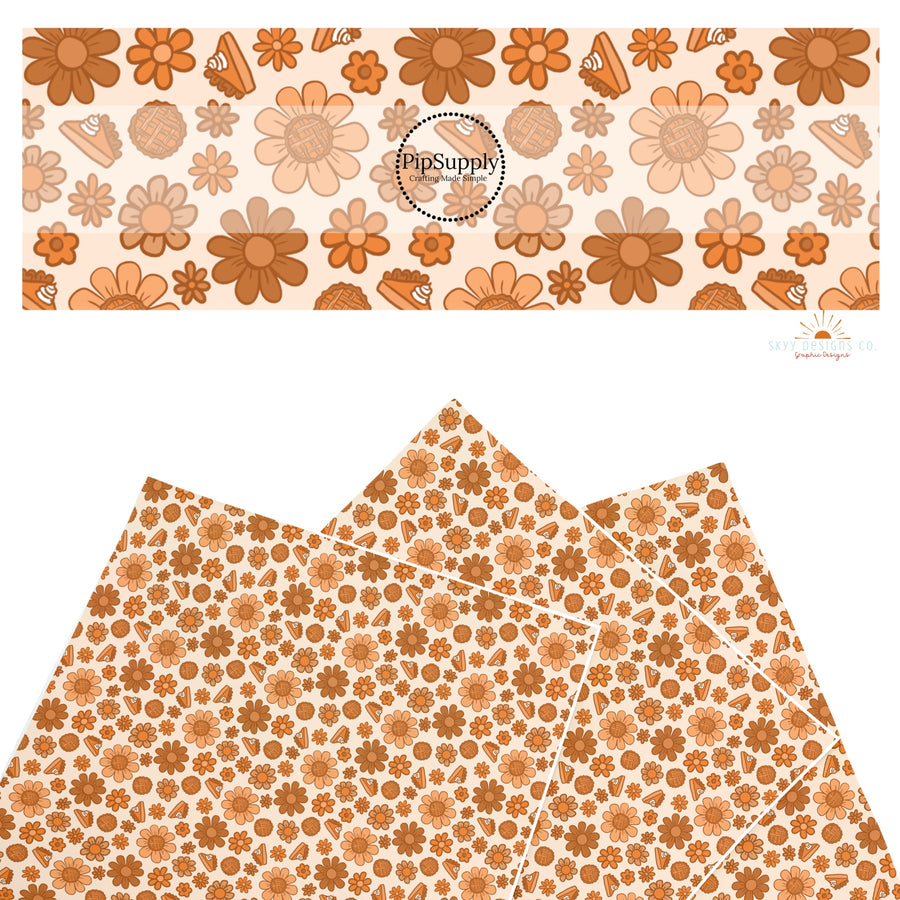 These Thanksgiving themed pattern faux leather sheets contain the following design elements: flowers and pumpkin pie. Our CPSIA compliant faux leather sheets or rolls can be used for all types of crafting projects.