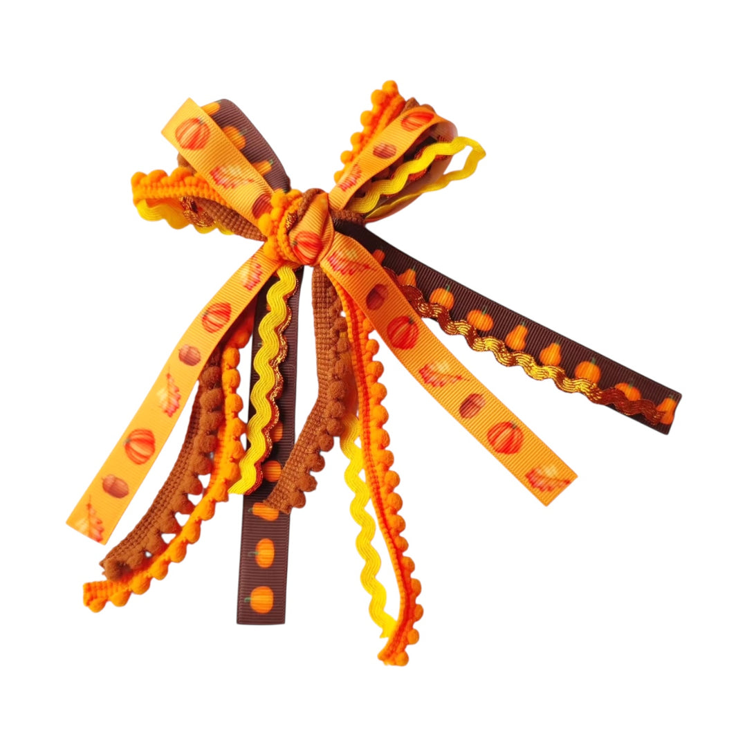 Fall Pumpkin Leaves Ribbon Hair Tied Bow w/ Clip