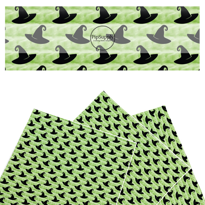 These fun witch themed faux leather sheets contain the following design elements: black witch hats on green. Our CPSIA compliant faux leather sheets or rolls can be used for all types of crafting projects.