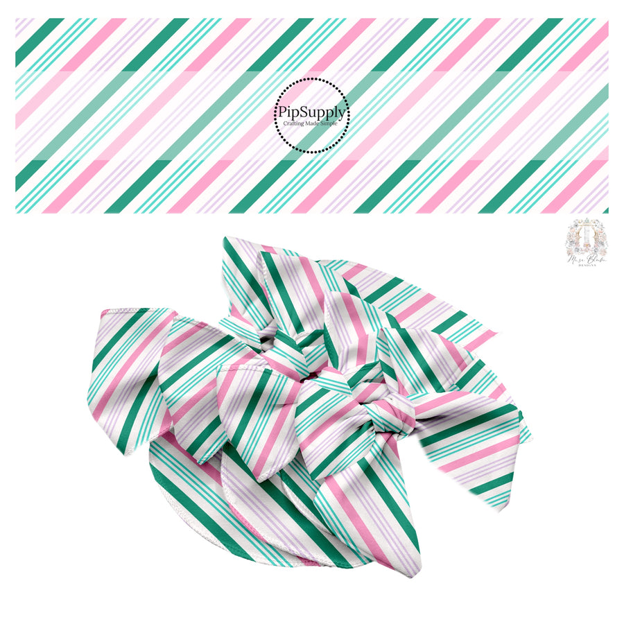 Thin and thick alternating pink and green stripes on white hair bow strips