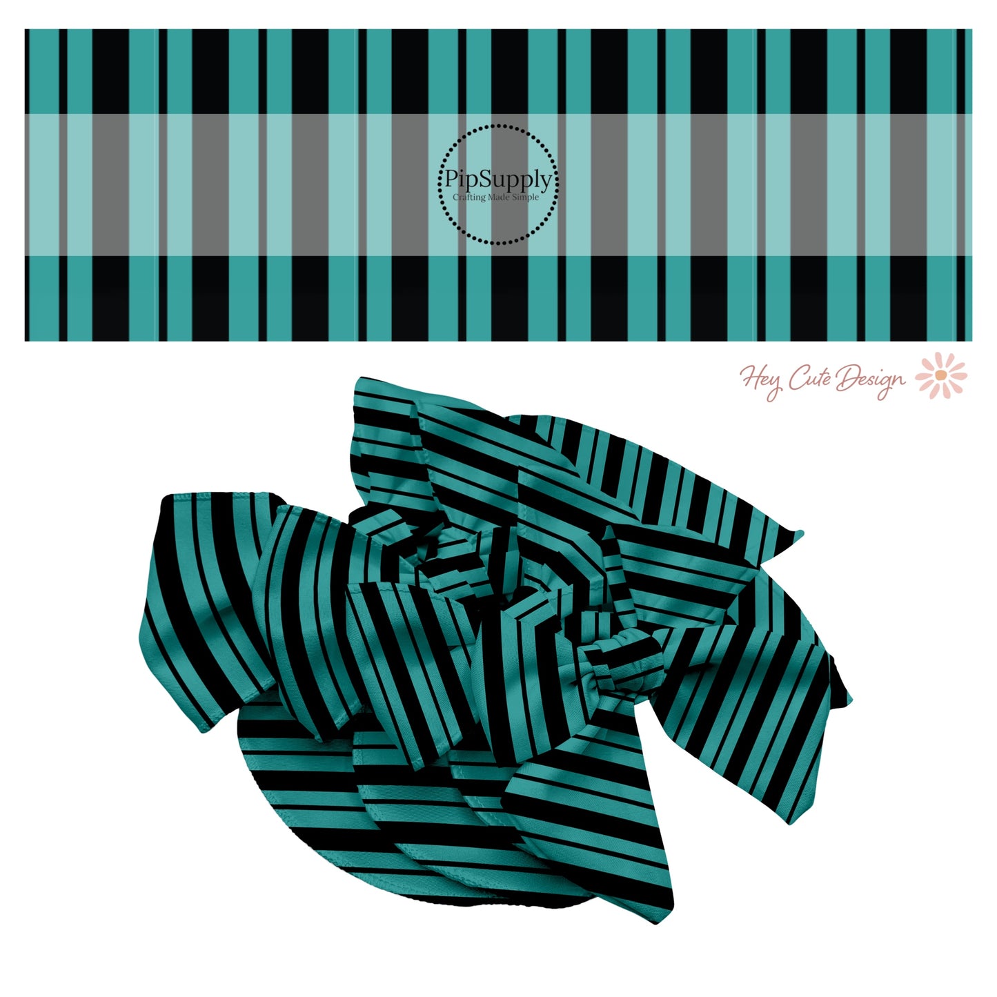 Thin and thick black and teal stripes hair bow strips