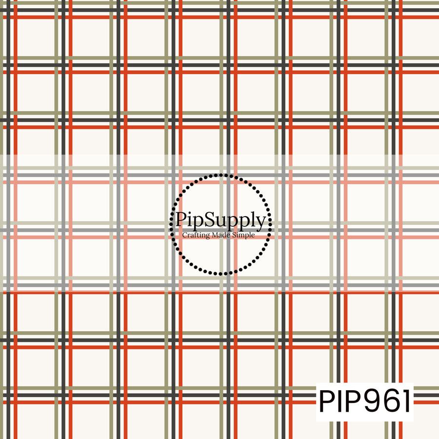 A classic plaid featuring crisp rust orange, olive green, charcoal gray, and cream intersecting lines, creating a timeless fall coordinate

