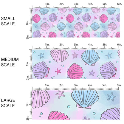 This scale chart of small scale, medium scale, and large scale of this pastel fabric by the yard features watercolor pink, blue, and purple sea shells. This fun summer themed fabric can be used for all your sewing and crafting needs!