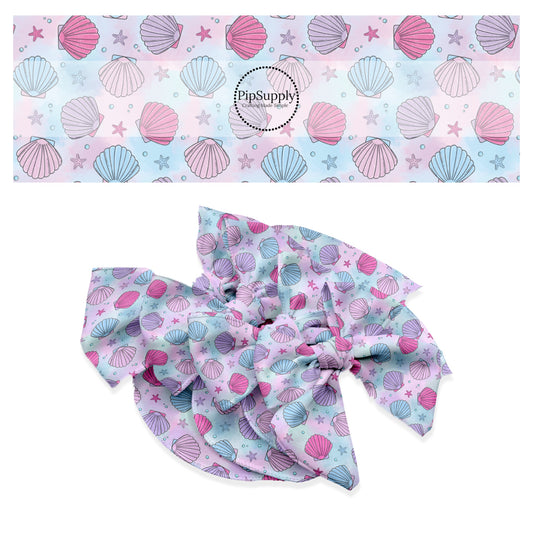 These pastel themed no sew bow strips can be easily tied and attached to a clip for a finished hair bow. These summer patterned bow strips are great for personal use or to sell. These bow strips features watercolor pink, blue, and purple sea shells.