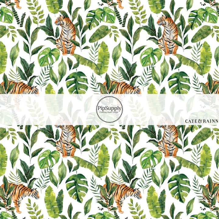 These jungle pattern fabric by the yard features tropical tigers. This fun fabric can be used for all your sewing and crafting needs!