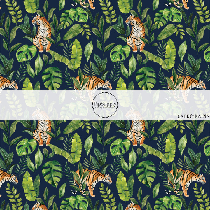 These jungle pattern fabric by the yard features tropical tigers. This fun fabric can be used for all your sewing and crafting needs!