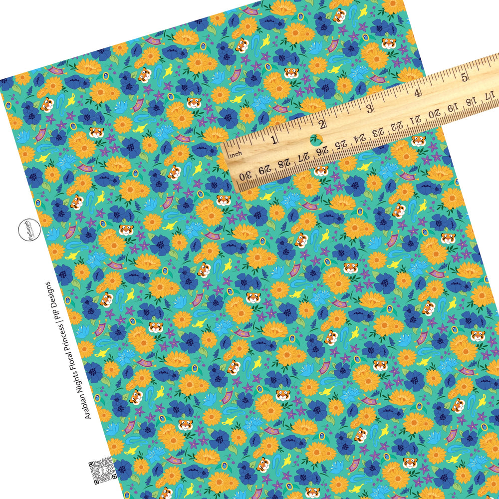 Floral princess with tiger and flying carpet on green faux leather sheet