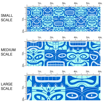 This scale chart of small scale, medium scale, and large scale of this summer fabric by the yard features multi colored blue tiki tiki pattern. This fun summer themed fabric can be used for all your sewing and crafting needs!