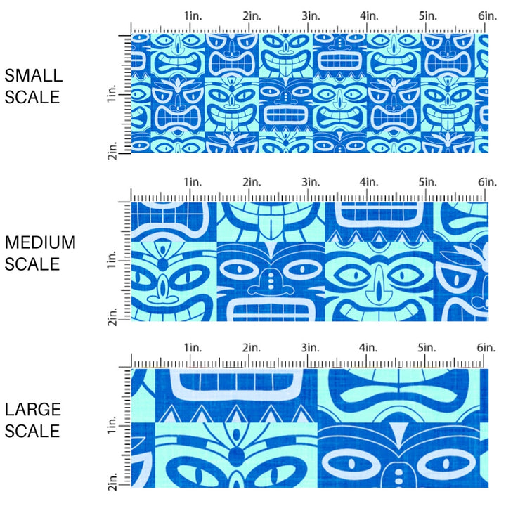 This scale chart of small scale, medium scale, and large scale of this summer fabric by the yard features multi colored blue tiki tiki pattern. This fun summer themed fabric can be used for all your sewing and crafting needs!