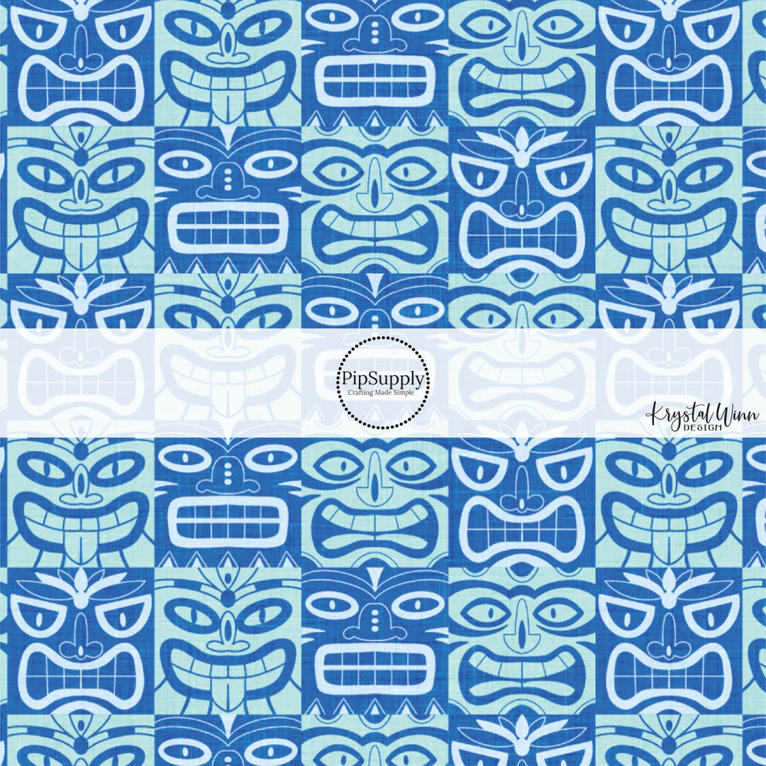 This summer fabric by the yard features multi colored blue tiki tiki pattern. This fun summer themed fabric can be used for all your sewing and crafting needs!