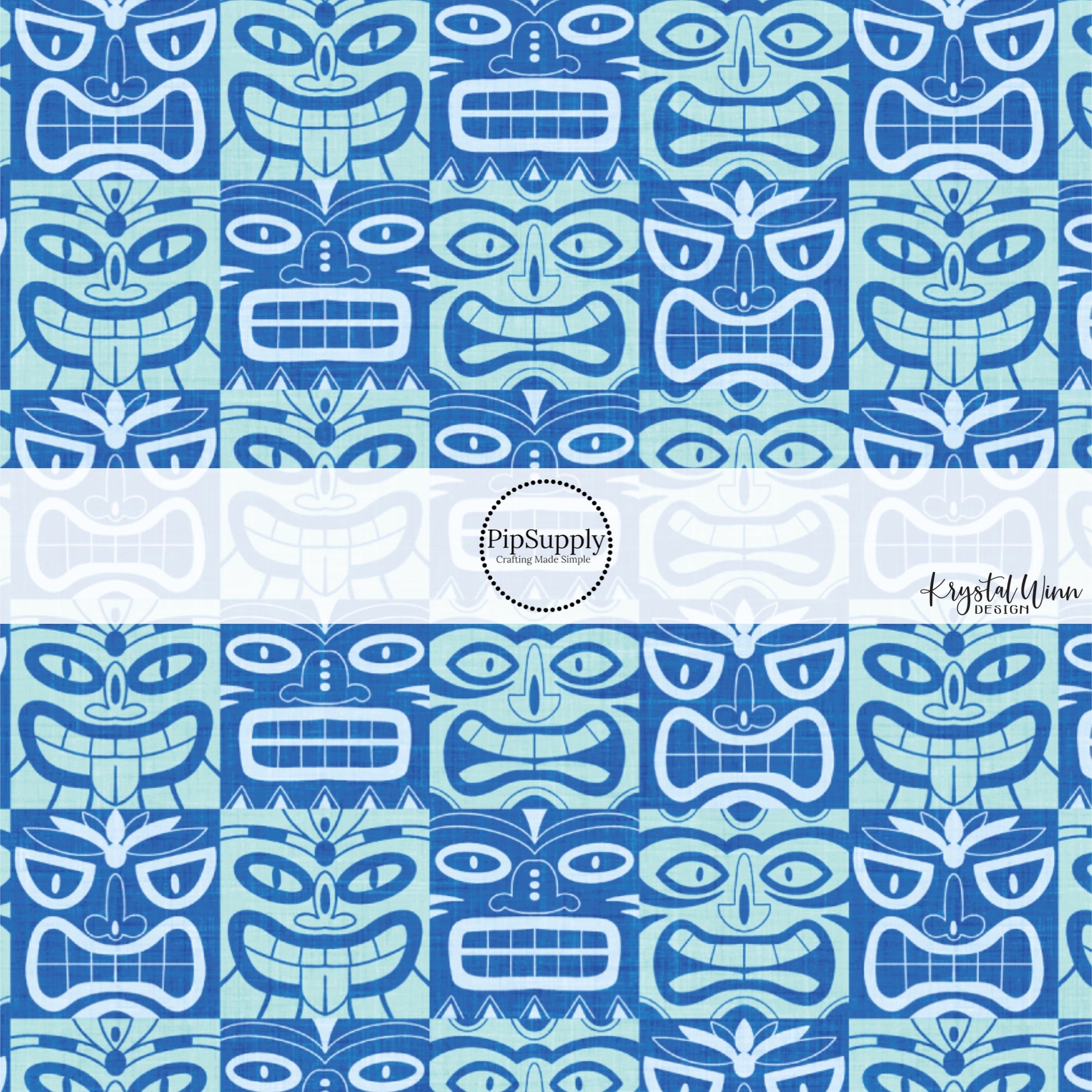 This summer fabric by the yard features multi colored blue tiki tiki pattern. This fun summer themed fabric can be used for all your sewing and crafting needs!