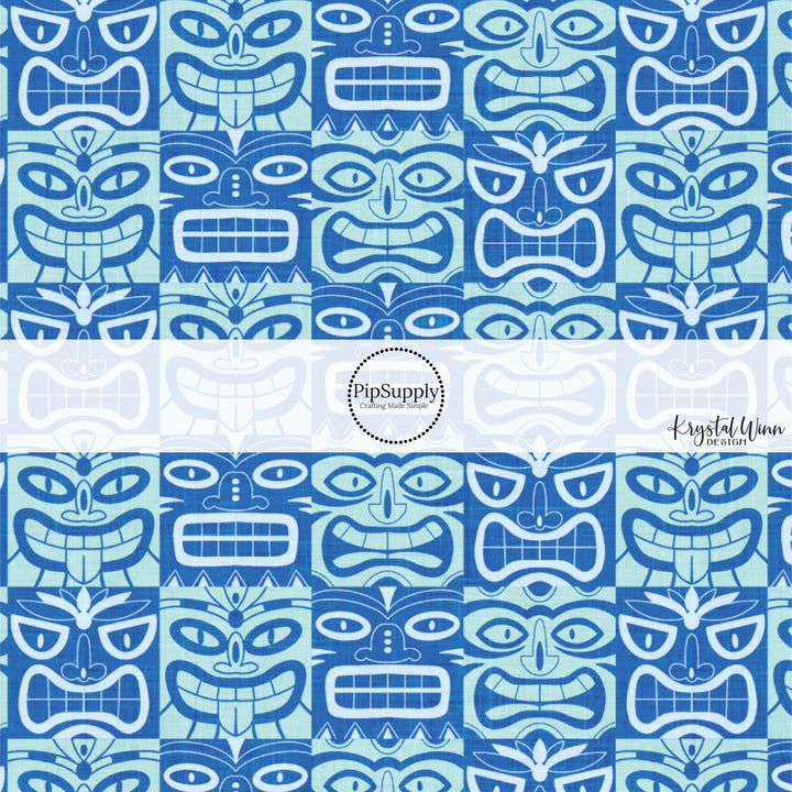 This summer fabric by the yard features multi colored blue tiki tiki pattern. This fun summer themed fabric can be used for all your sewing and crafting needs!