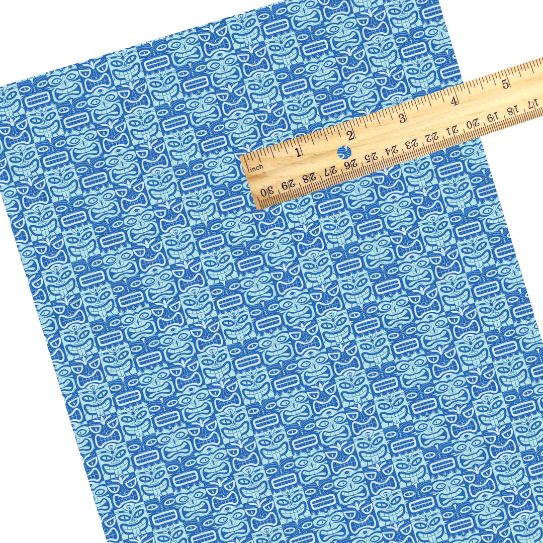 These summer faux leather sheets contain the following design elements: multi colored blue tiki tiki pattern. Our CPSIA compliant faux leather sheets or rolls can be used for all types of crafting projects.