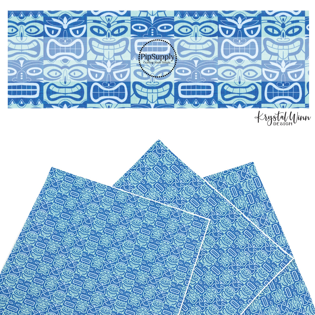 These summer faux leather sheets contain the following design elements: multi colored blue tiki tiki pattern. Our CPSIA compliant faux leather sheets or rolls can be used for all types of crafting projects.