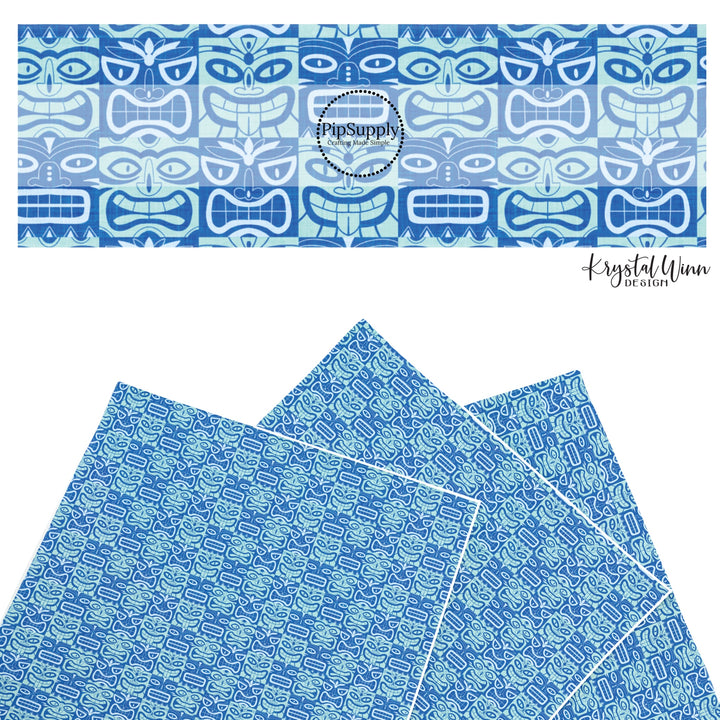 These summer faux leather sheets contain the following design elements: multi colored blue tiki tiki pattern. Our CPSIA compliant faux leather sheets or rolls can be used for all types of crafting projects.