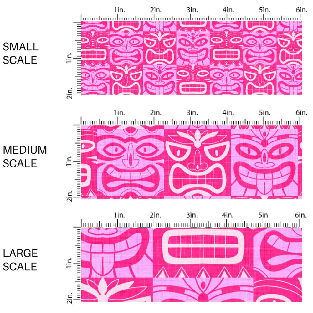 This scale chart of small scale, medium scale, and large scale of this summer fabric by the yard features multi colored pink tiki tiki pattern. This fun summer themed fabric can be used for all your sewing and crafting needs!