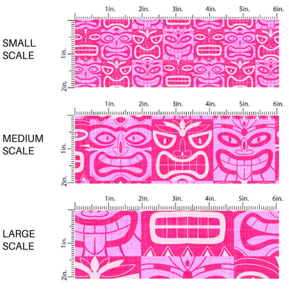 This scale chart of small scale, medium scale, and large scale of this summer fabric by the yard features multi colored pink tiki tiki pattern. This fun summer themed fabric can be used for all your sewing and crafting needs!