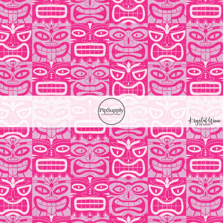 This summer fabric by the yard features multi colored pink tiki tiki pattern. This fun summer themed fabric can be used for all your sewing and crafting needs!