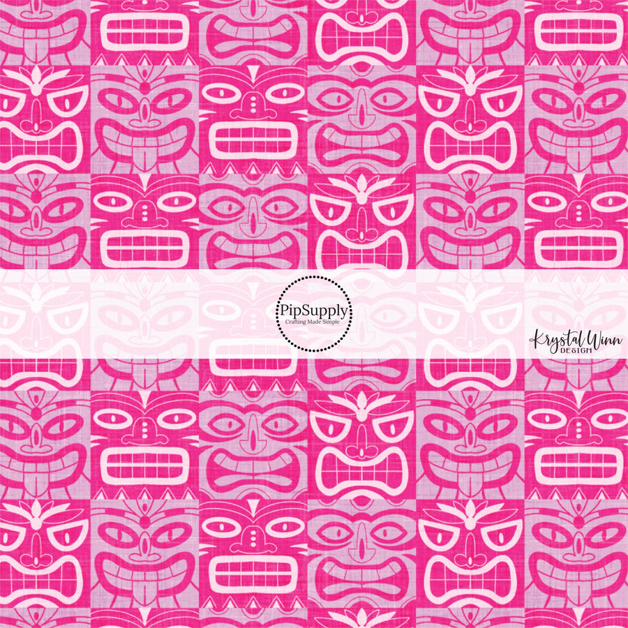 This summer fabric by the yard features multi colored pink tiki tiki pattern. This fun summer themed fabric can be used for all your sewing and crafting needs!