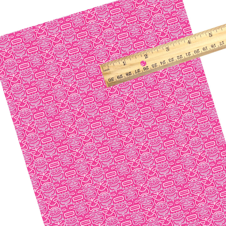 These summer faux leather sheets contain the following design elements: multi colored pink tiki tiki pattern. Our CPSIA compliant faux leather sheets or rolls can be used for all types of crafting projects.