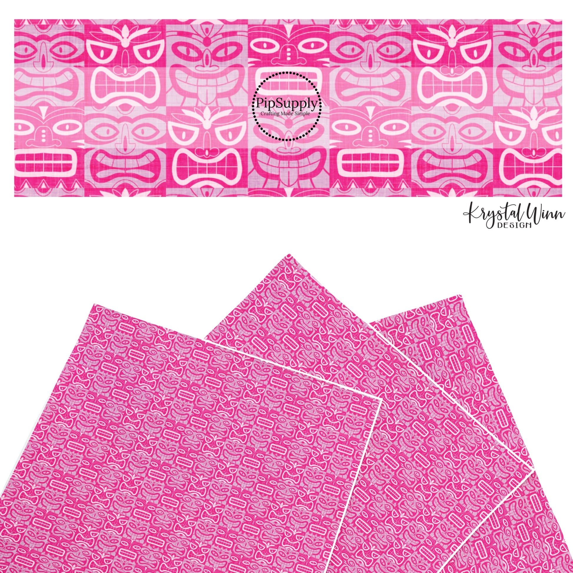 These summer faux leather sheets contain the following design elements: multi colored pink tiki tiki pattern. Our CPSIA compliant faux leather sheets or rolls can be used for all types of crafting projects.