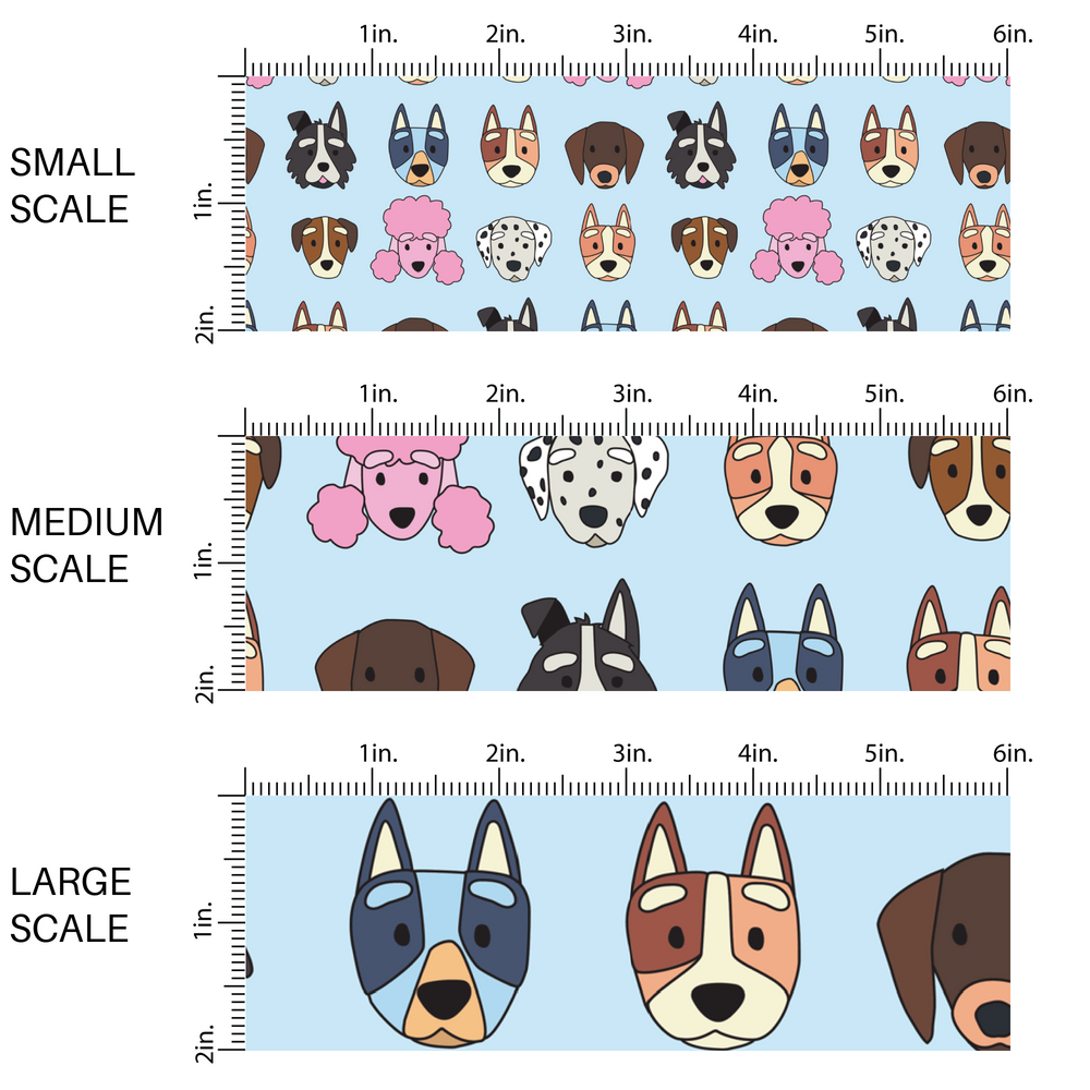 This scale image of small scale, medium scale, and large scale of these dog themed light blue fabric by the yard features variety of different dog faces