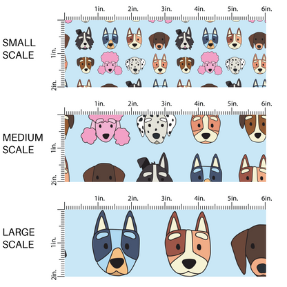 This scale image of small scale, medium scale, and large scale of these dog themed light blue fabric by the yard features variety of different dog faces