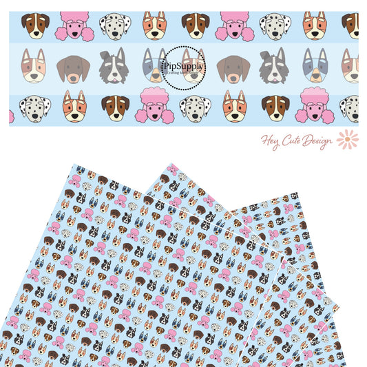These dog themed light blue faux leather sheets contain the following design elements: variety of different dog faces. 