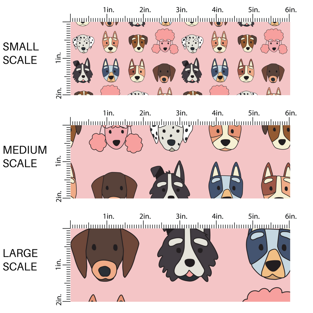 This scale image of small scale, medium scale, and large scale of these dog themed light pink fabric by the yard features variety of different dog faces. 