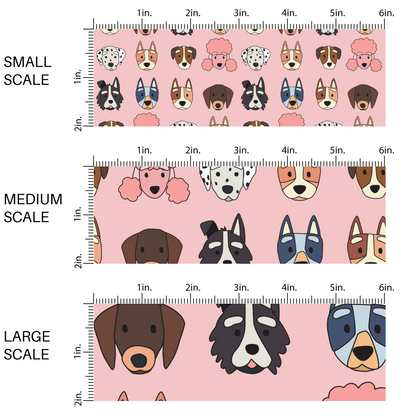 This scale image of small scale, medium scale, and large scale of these dog themed light pink fabric by the yard features variety of different dog faces. 