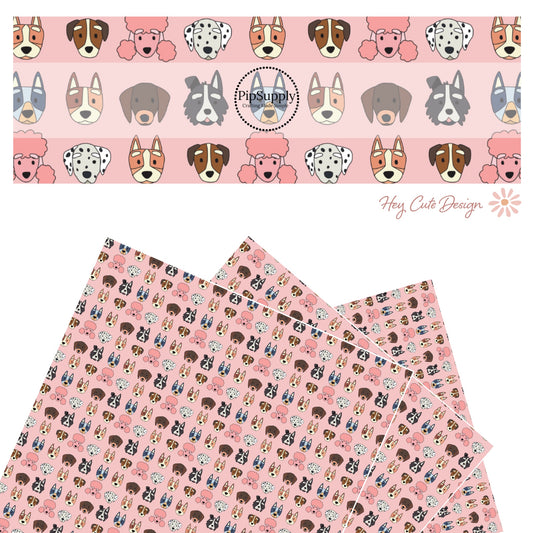 These dog themed light pink faux leather sheets contain the following design elements: variety of different dog faces. 