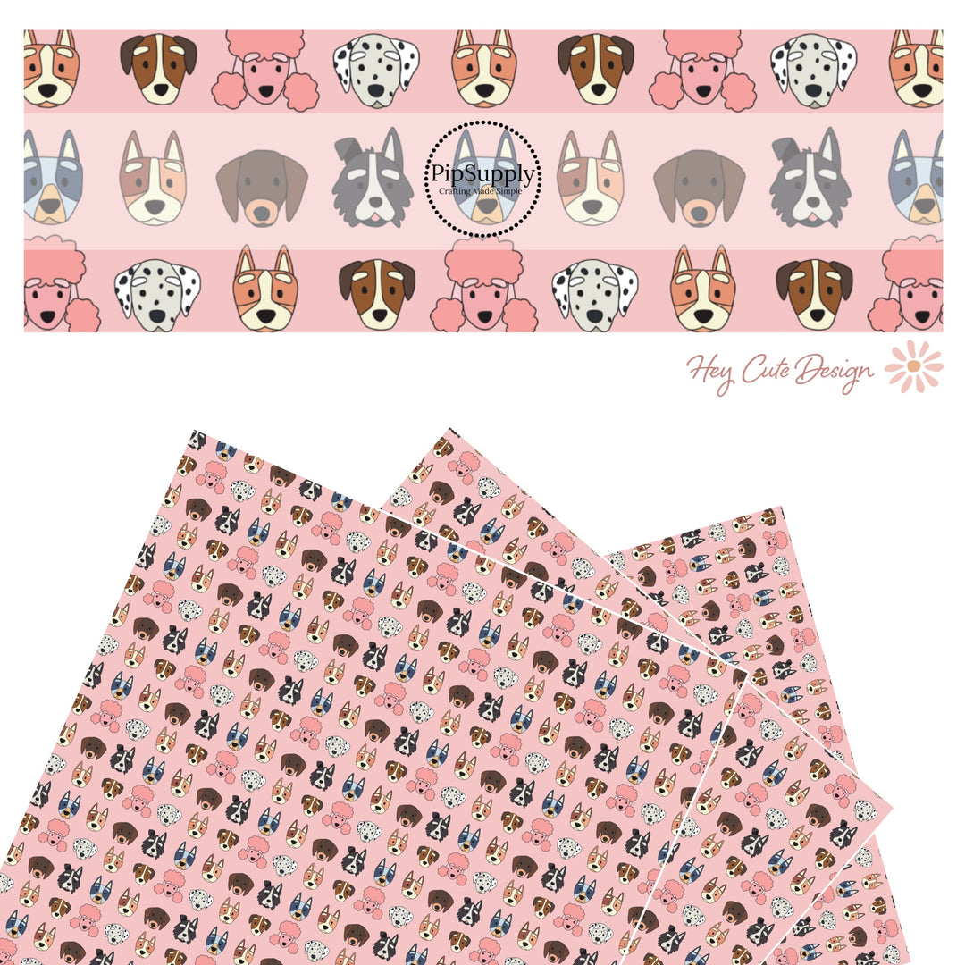 These dog themed light pink faux leather sheets contain the following design elements: variety of different dog faces. 