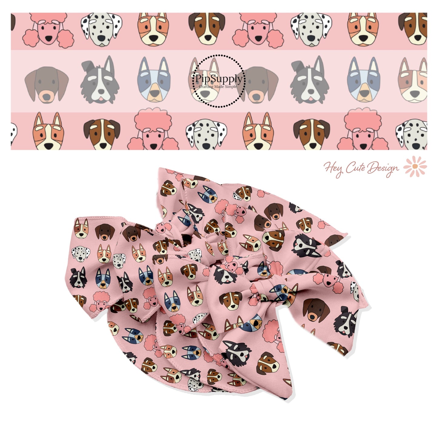 These dog themed light pink no sew bow strips can be easily tied and attached to a clip for a finished hair bow.
